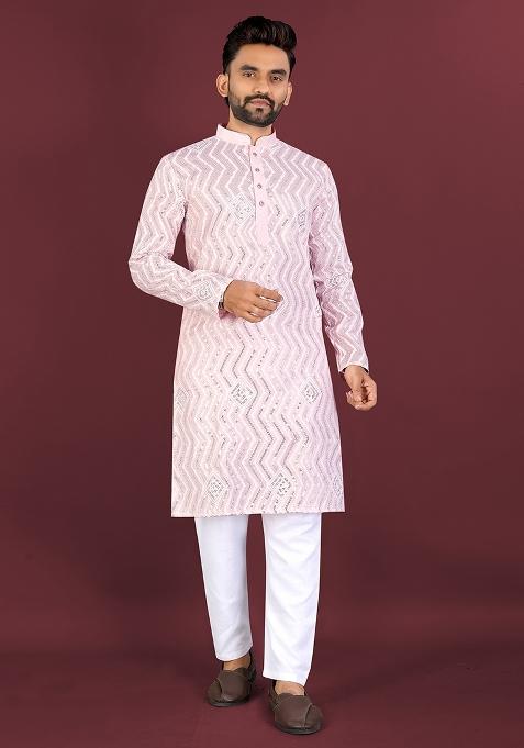 Beige Embroidered Silk Kurta Set For Men