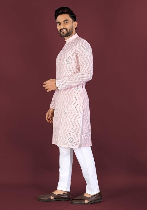 Beige Embroidered Silk Kurta Set For Men