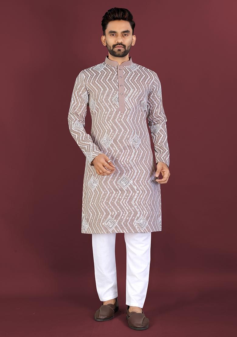 Grey Embroidered Silk Kurta Set For Men