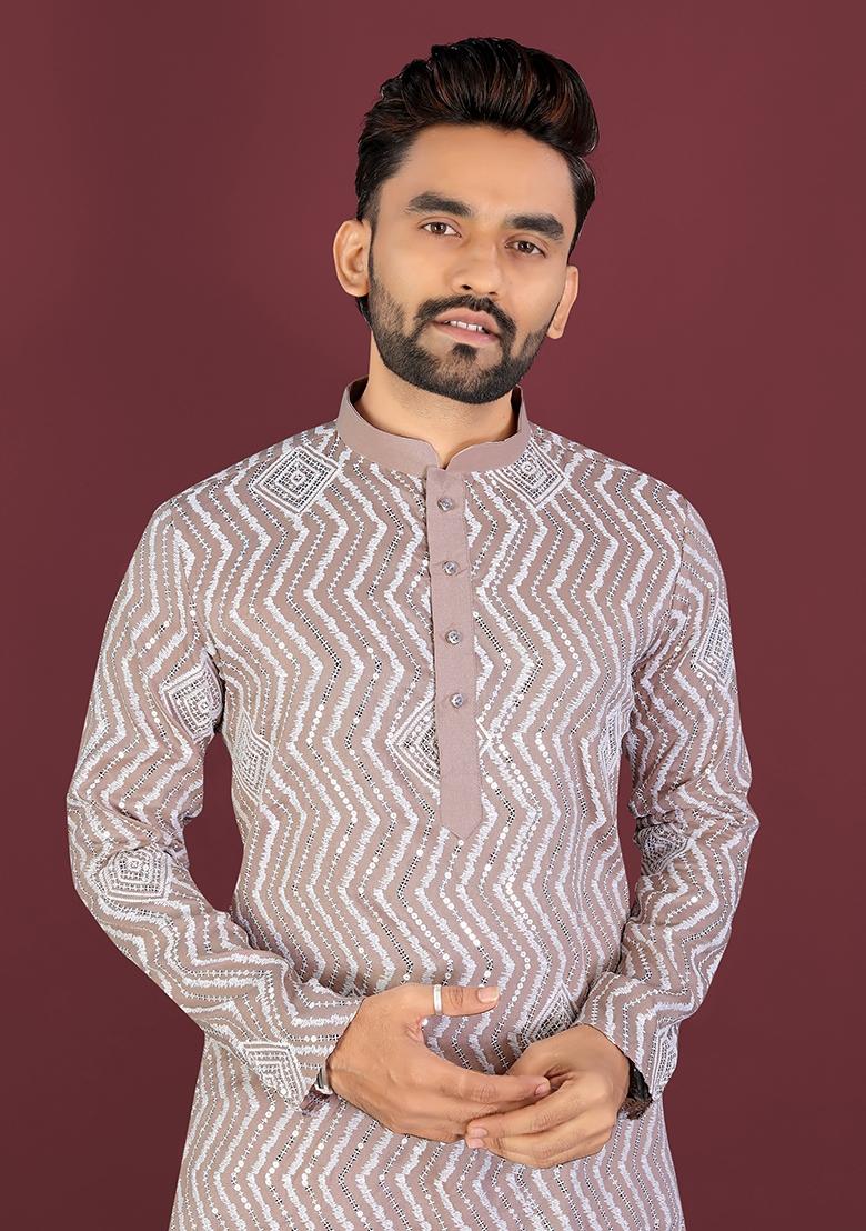 Grey Embroidered Silk Kurta Set For Men - Indya