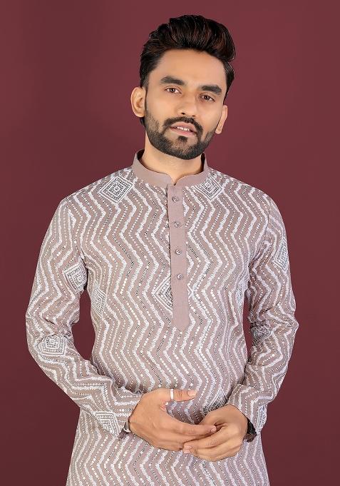 Grey Embroidered Silk Kurta Set For Men