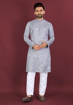 Purple Embroidered Silk Kurta Set For Men