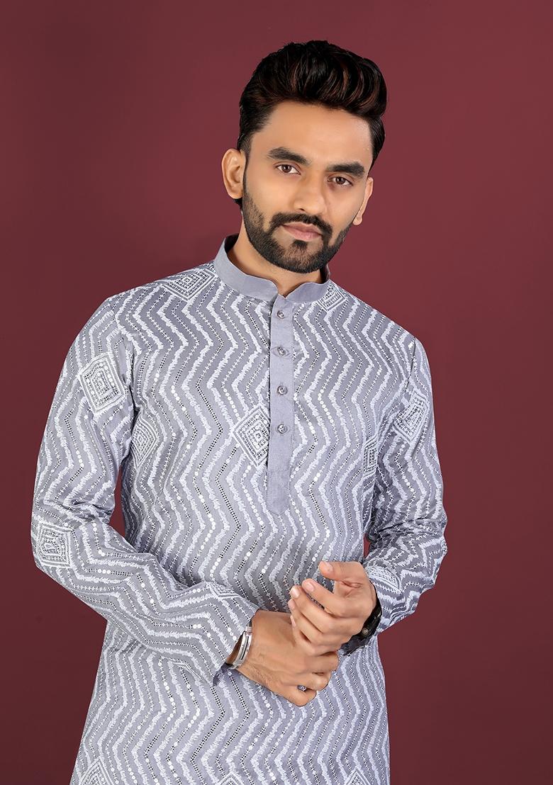 Purple Embroidered Silk Kurta Set For Men - Indya
