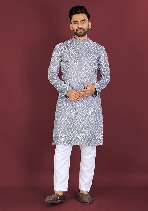 Purple Embroidered Silk Kurta Set For Men