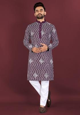 Maroon Embroidered Silk Kurta Set For Men