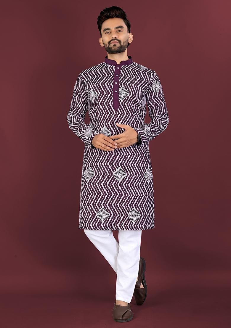 Maroon Embroidered Silk Kurta Set For Men