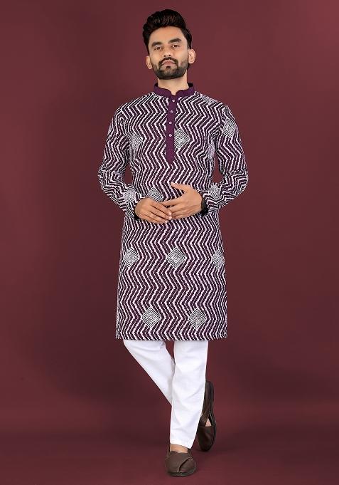 Maroon Embroidered Silk Kurta Set For Men