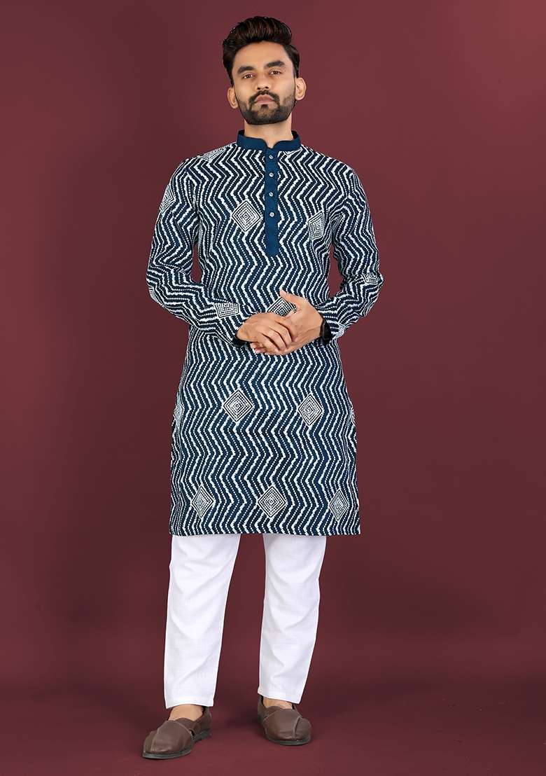 White Embroidered Silk Blend Kurta Set For Men - Indya