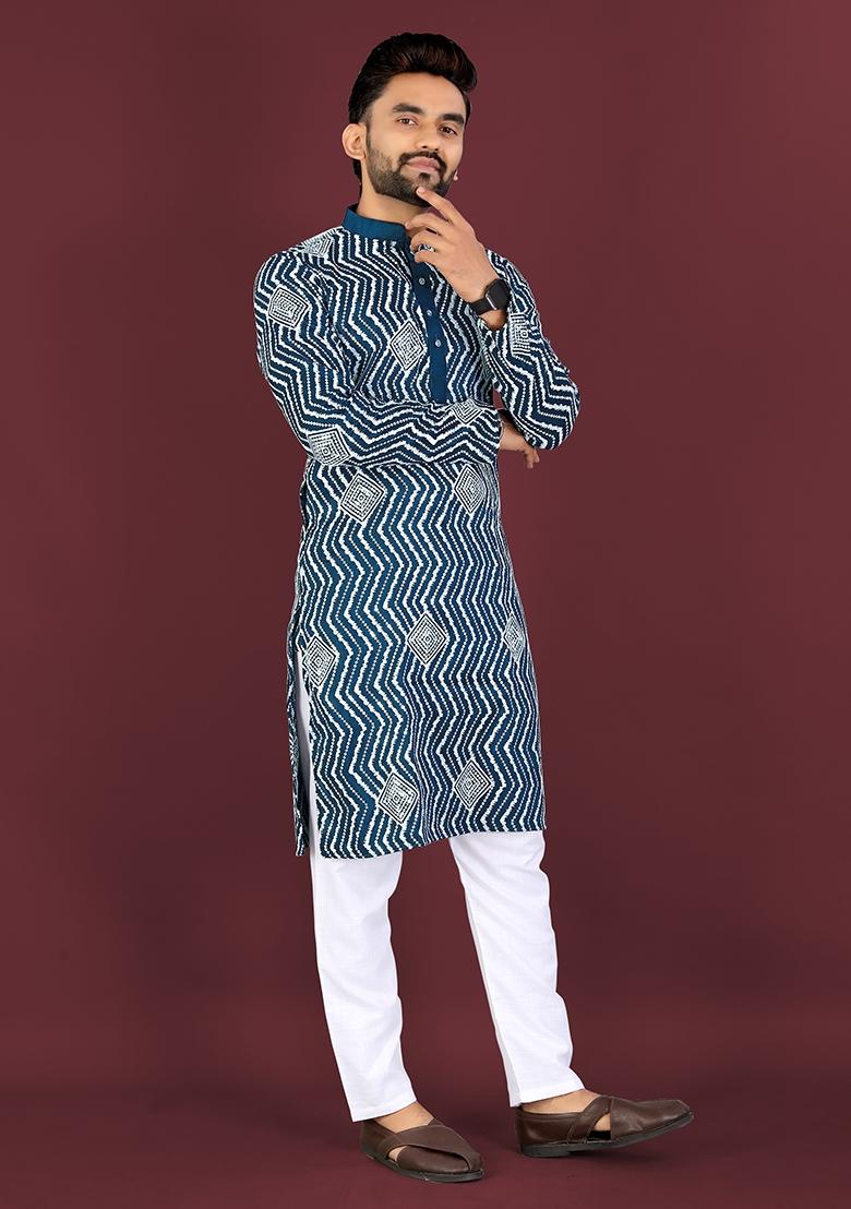 White Embroidered Silk Kurta Set For Men - Indya