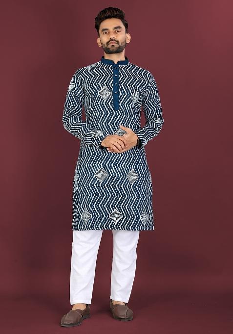 White Embroidered Silk Kurta Set For Men