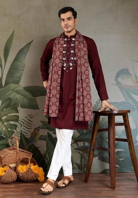 Mustard Embellished Cotton Kurta Set For Men