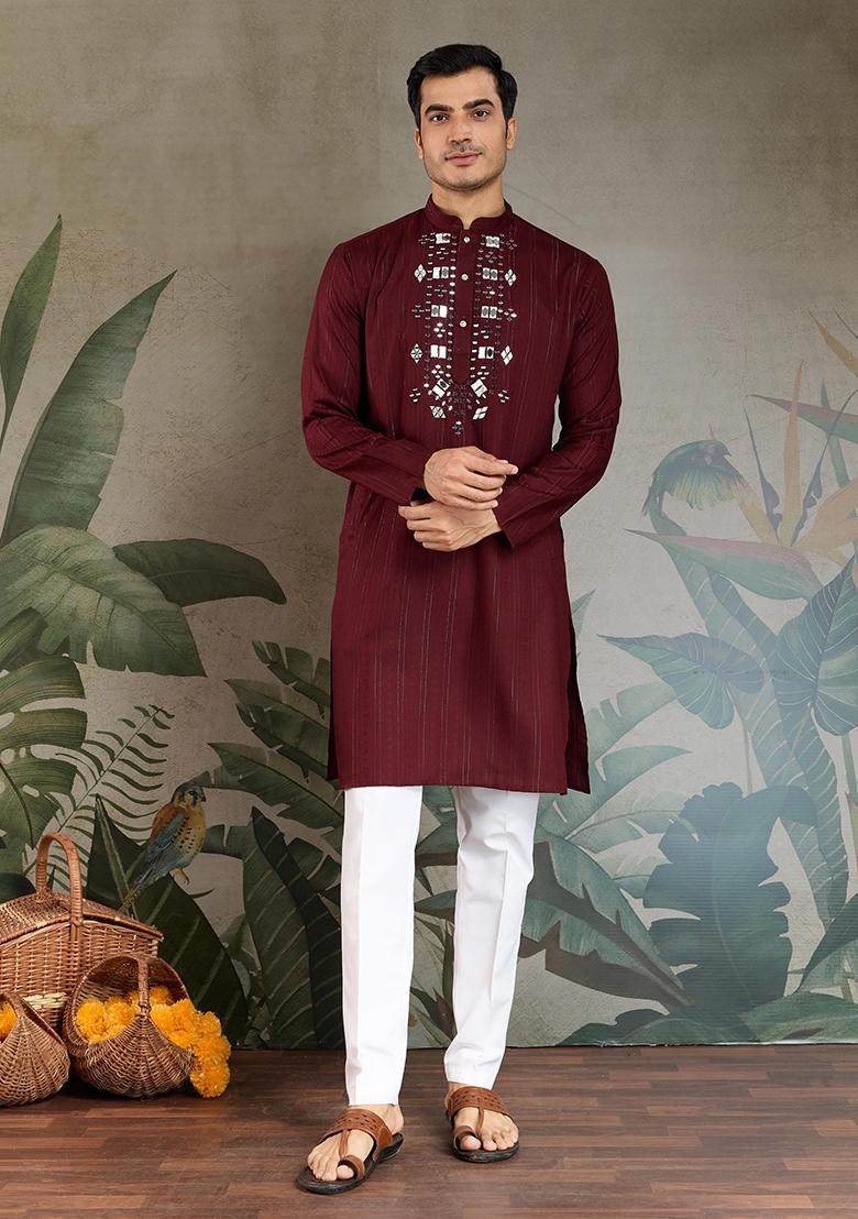 Mustard Embellished Cotton Kurta Set For Men - Indya