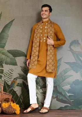 Green Embellished Cotton Kurta Set For Men