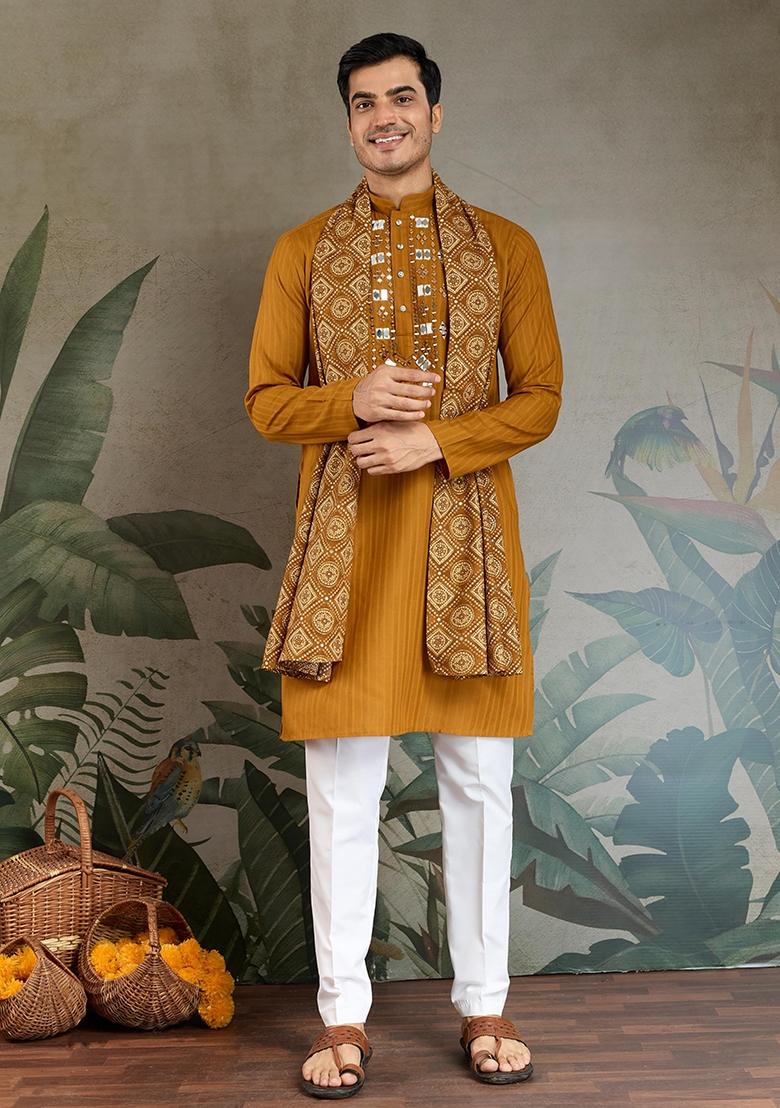 Green Embellished Cotton Kurta Set For Men - Indya