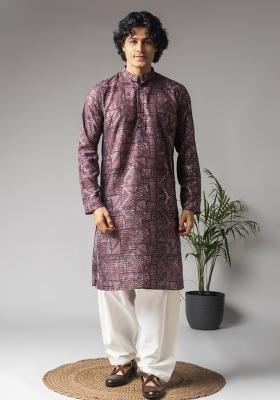 Purple Embroidered Viscose Kurta For Men