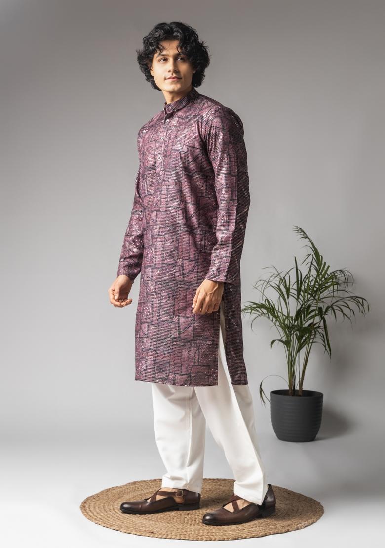 Purple Embroidered Viscose Kurta For Men - Indya