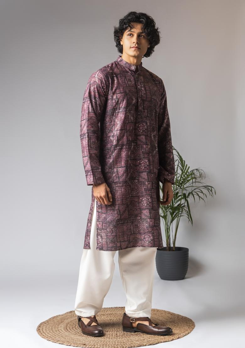 Purple Embroidered Viscose Kurta For Men - Indya
