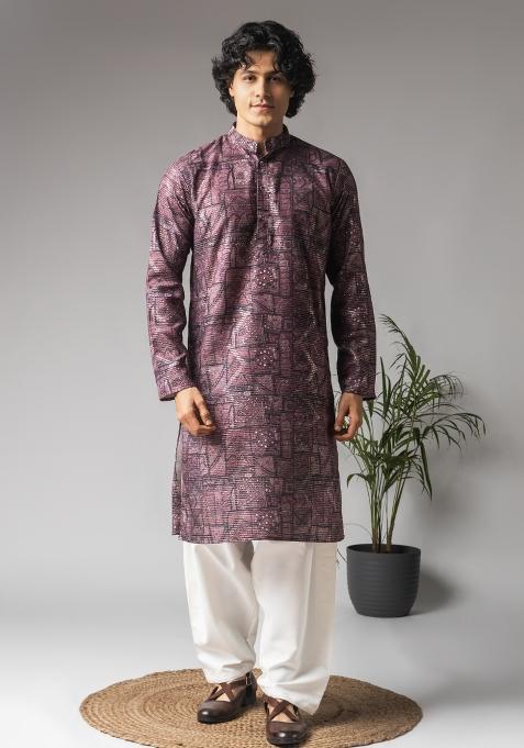 Purple Embroidered Viscose Kurta For Men