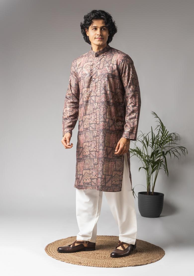 Multi Color Embroidered Viscose Kurta For Men - Indya