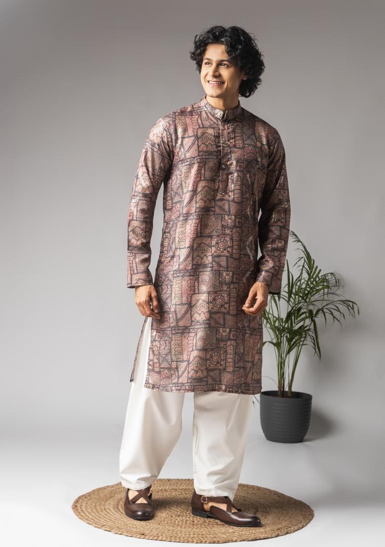 Multi Color Embroidered Viscose Kurta For Men - Indya