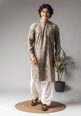 Ash Green Printed Modal Kurta For Men