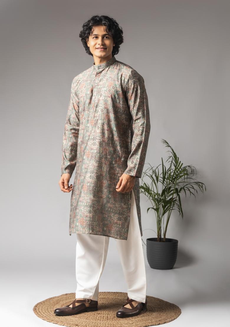 Ash Green Printed Modal Kurta For Men - Indya