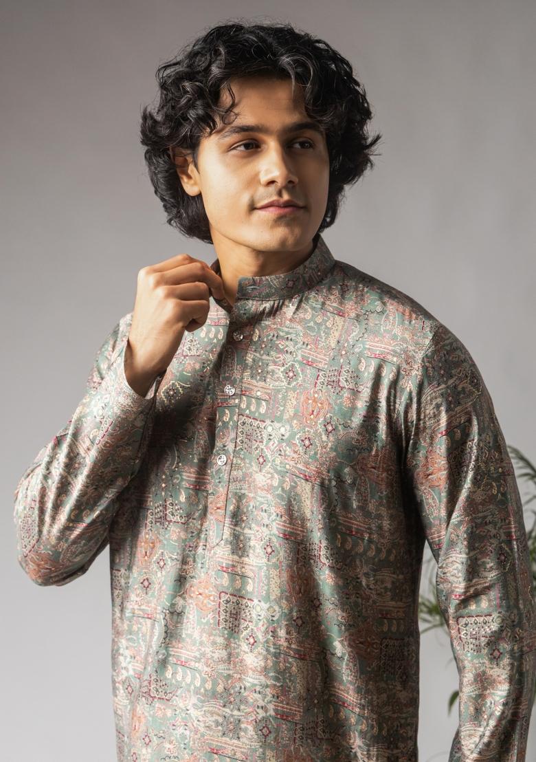 Ash Green Printed Modal Kurta For Men - Indya