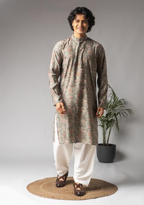 Ash Green Printed Modal Kurta For Men