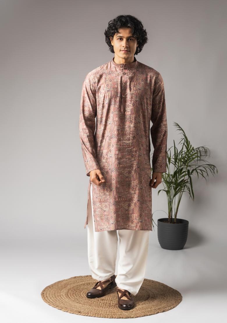 Pink Printed Modal Kurta For Men - Indya