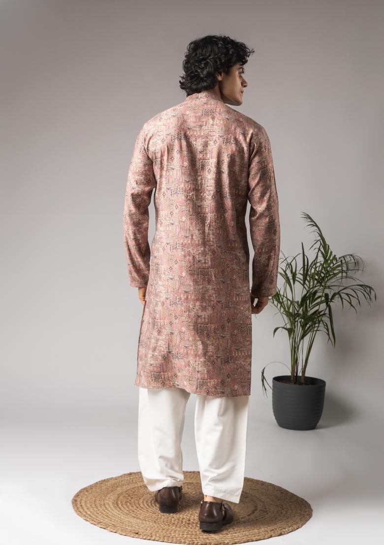 Pink Printed Modal Kurta For Men - Indya
