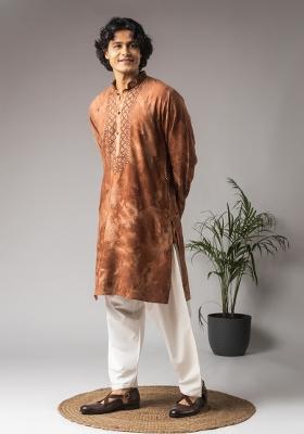 Reddish Brown Embroidered Rayon Kurta For Men