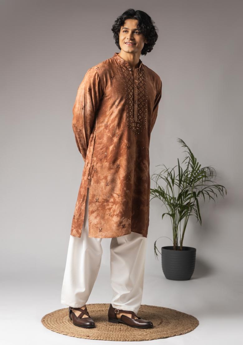 Reddish Brown Embroidered Rayon Kurta For Men