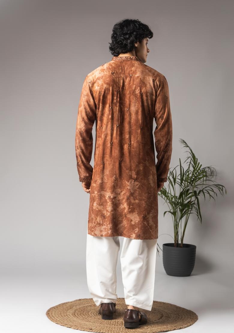 Reddish Brown Embroidered Rayon Kurta For Men
