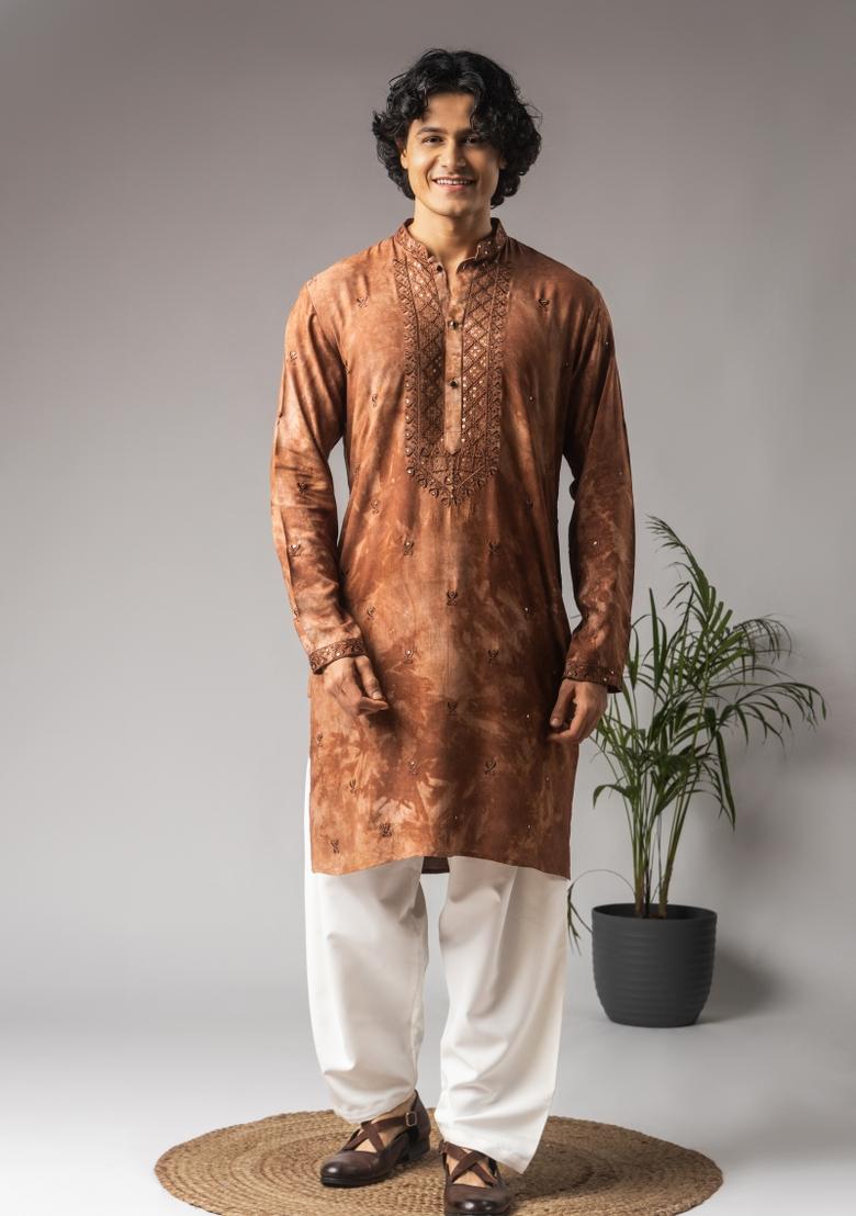 Reddish Brown Embroidered Rayon Kurta For Men