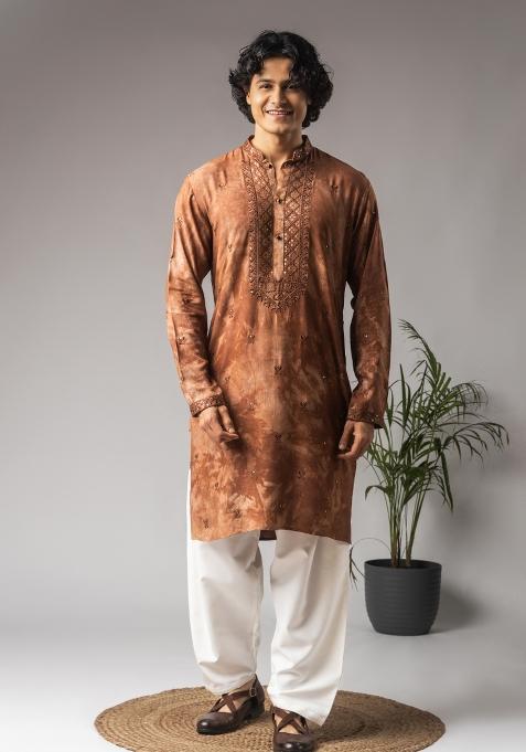 Reddish Brown Embroidered Rayon Kurta For Men