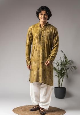 Tie Dye Green Embroidered Rayon Kurta For Men