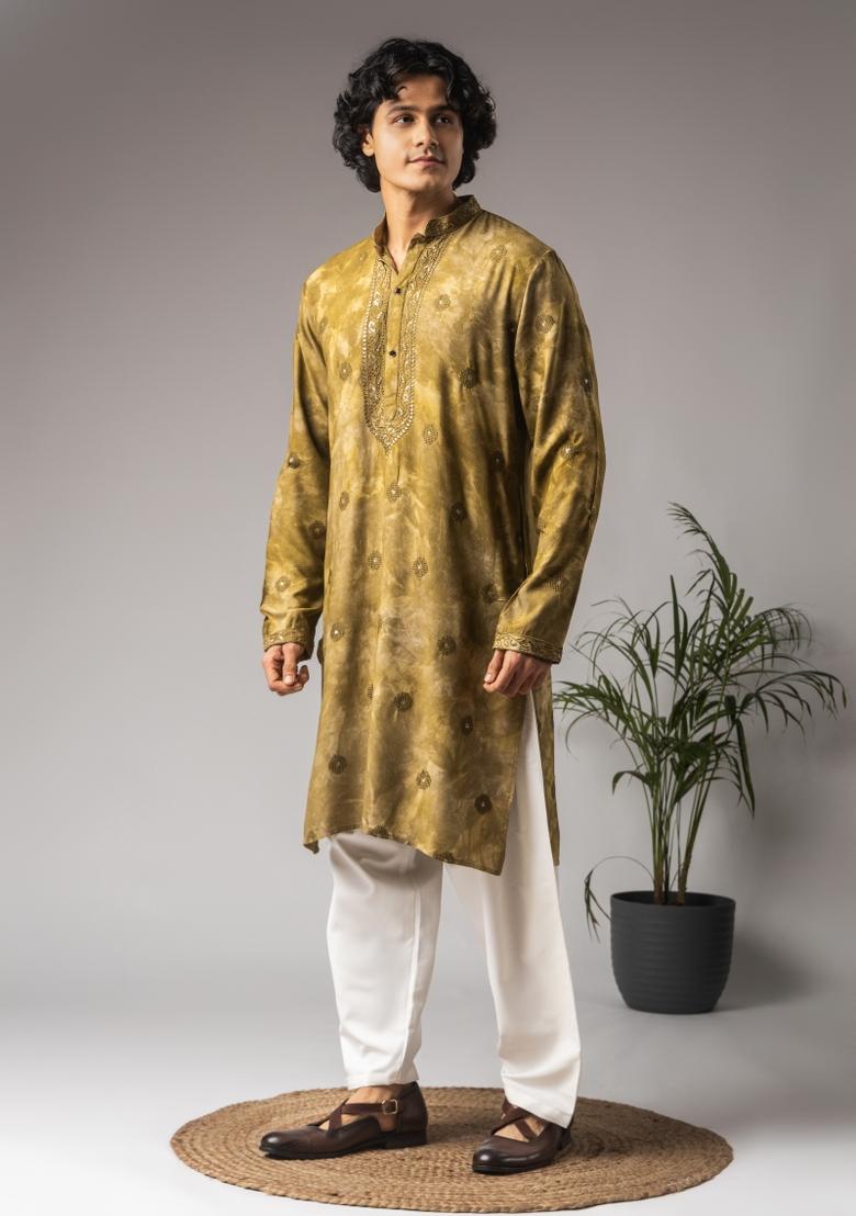 Tie Dye Green Embroidered Rayon Kurta For Men