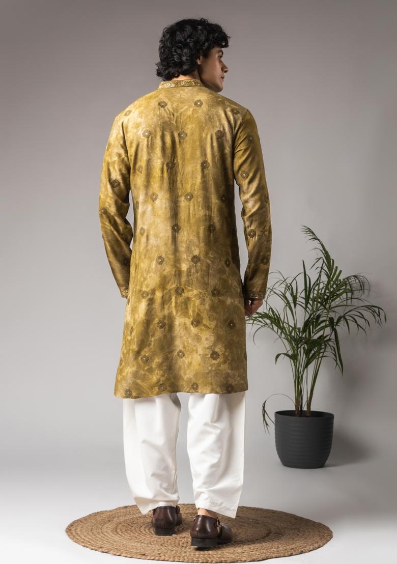 Tie Dye Green Embroidered Rayon Kurta For Men