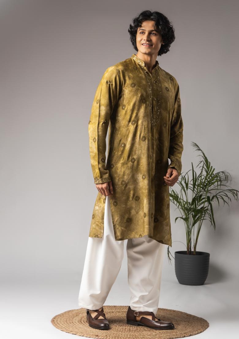 Tie Dye Green Embroidered Rayon Kurta For Men