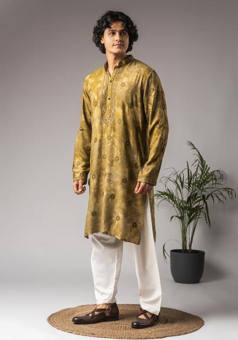 Tie Dye Green Embroidered Rayon Kurta For Men