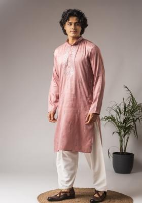 Pink Embroidered Silk Kurta For Men