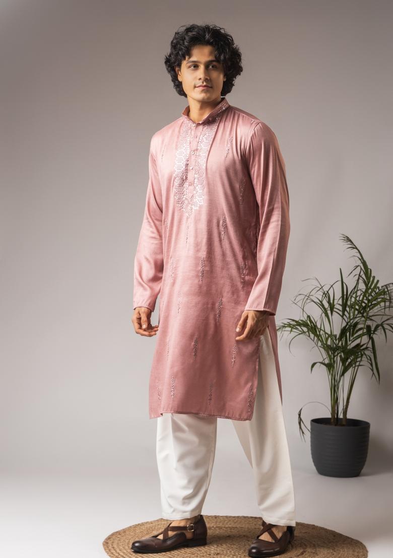 Pink Embroidered Silk Kurta For Men