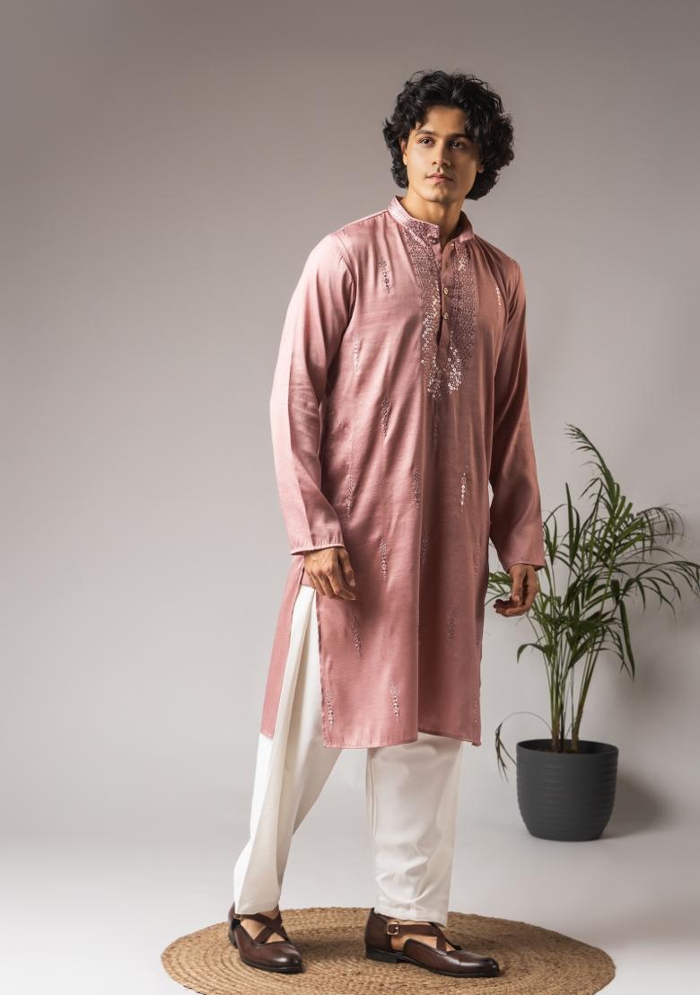 Pink Embroidered Silk Kurta For Men - Indya