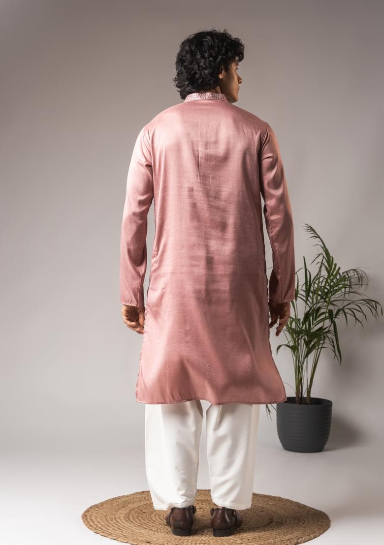 Pink Embroidered Silk Kurta For Men