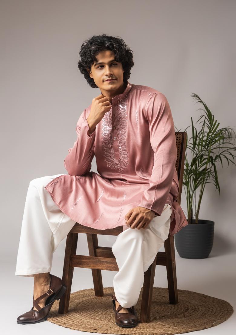Pink Embroidered Silk Kurta For Men - Indya