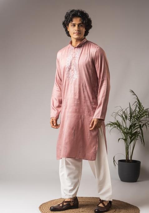 Pink Embroidered Silk Kurta For Men