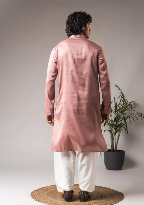 Pink Embroidered Silk Kurta For Men