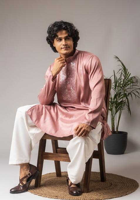 Pink Embroidered Silk Kurta For Men