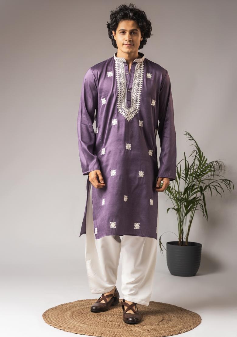 Purple Embroidered Silk Kurta For Men - Indya
