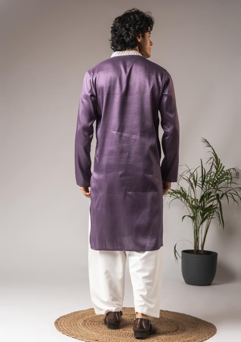 Purple Embroidered Silk Kurta For Men - Indya